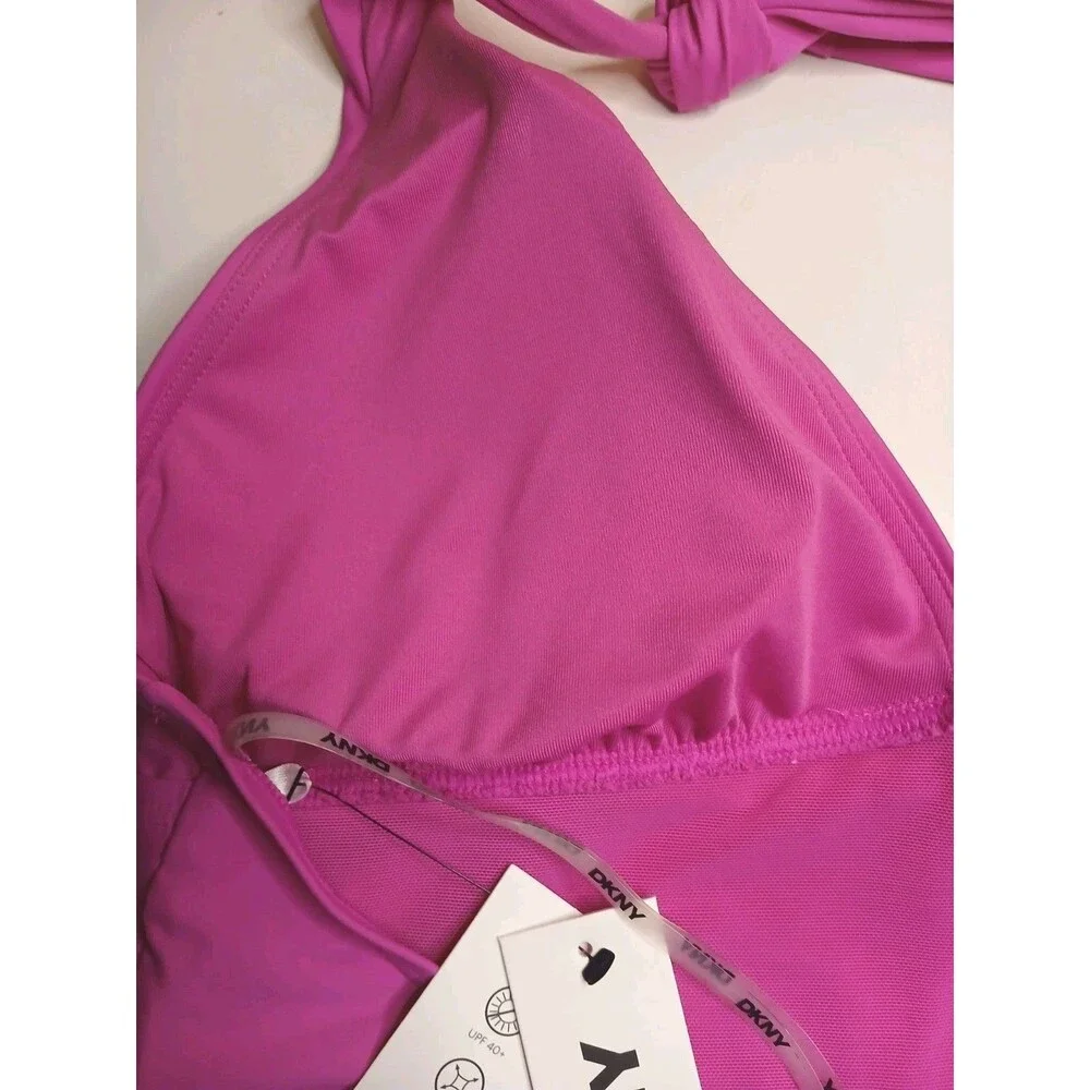 DKNY Swimsuit Sz L Halter Tie Top Ruched Sides Hot Pink Padded UV Protection NWT - Picture 4 of 12